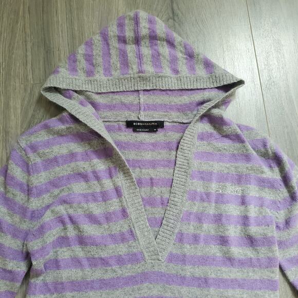 Y2K BCBG Hoodie Sweater Long Medium Purple Gray Stripe Angora Wool V Neck - Picture 2 of 9